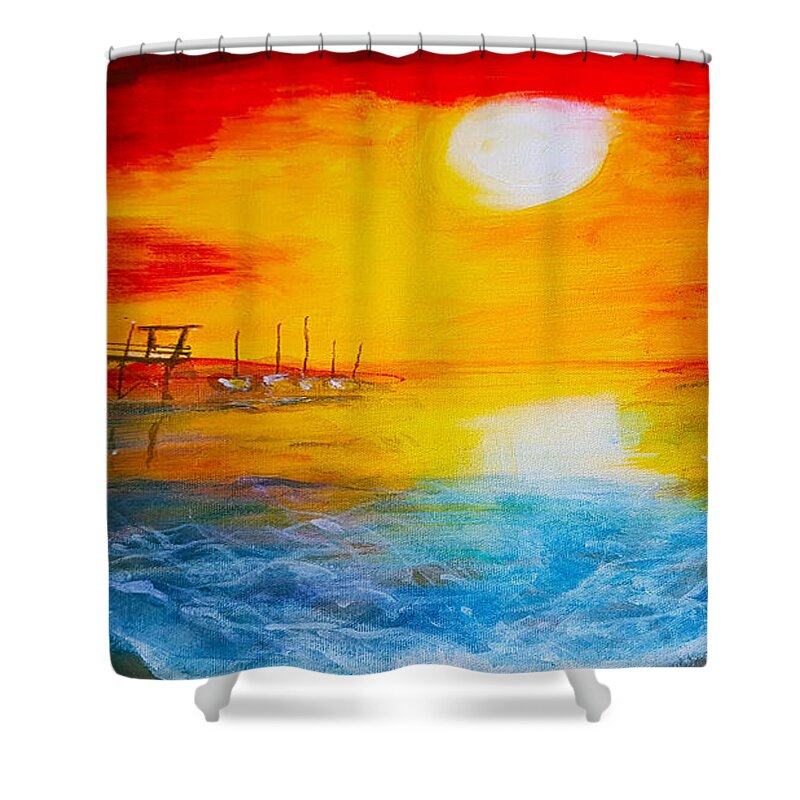 Sunset Shower Curtain featuring the painting White Rock Pier by Rose Lewis