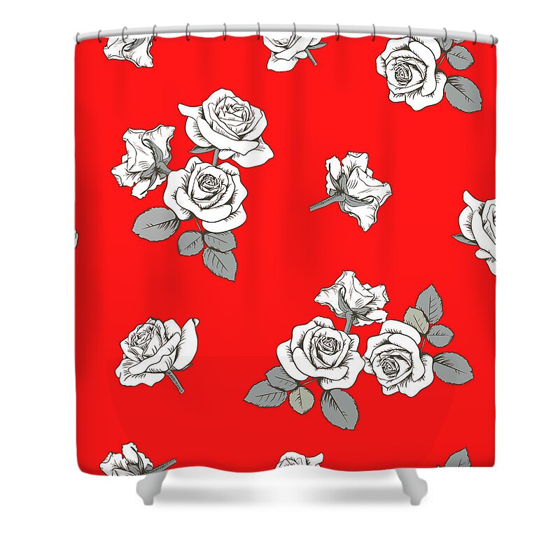 White Roses Shower Curtain featuring the digital art White Roses on a Red Background by Caterina Christakos