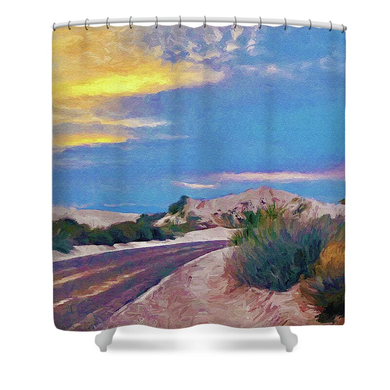 White Sands Shower Curtain featuring the digital art White Sands New Mexico at Dusk Painting by Tatiana Travelways