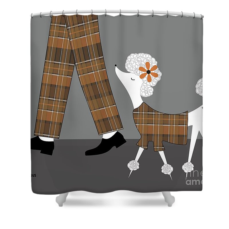 Mid Century Poodle Shower Curtain featuring the digital art White Standard Poodle Brown Plaid by Donna Mibus