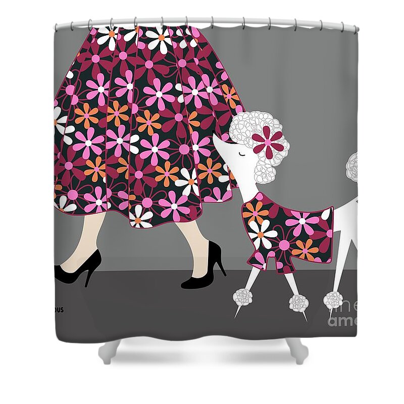 Mid Century Dog Shower Curtain featuring the digital art White Standard Poodle Pink Floral by Donna Mibus
