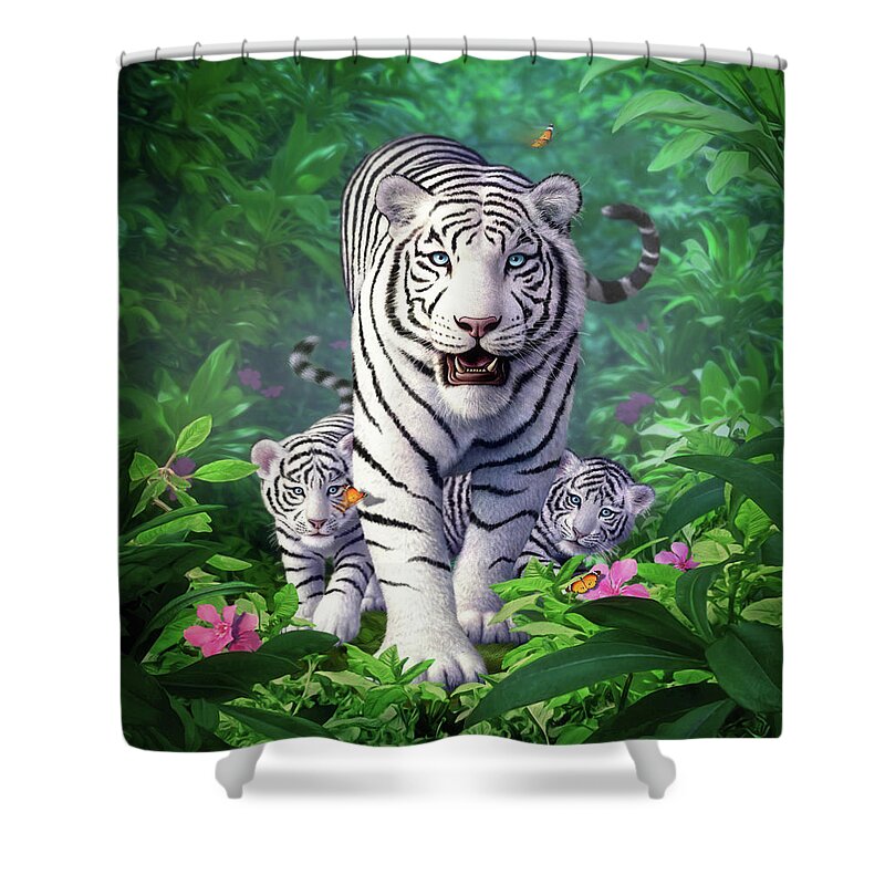 White Tigers Shower Curtain featuring the digital art White Tigers by Jerry LoFaro