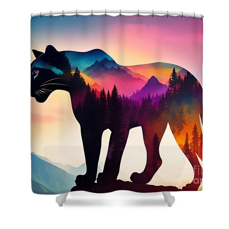 Colorful Art Shower Curtain featuring the mixed media Wild and Colorful - Artistic Mountain Panther Silhouette by Artvizual Premium