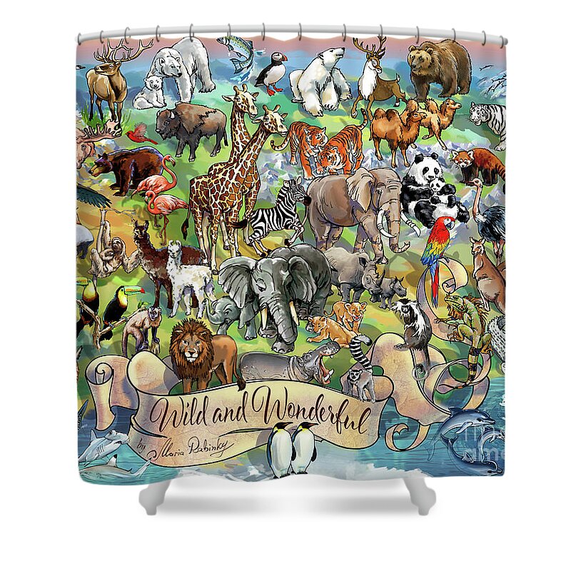 Illustration Shower Curtain featuring the digital art Wild and Wonderful Animals of the World by Maria Rabinky
