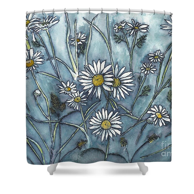 Daisies Shower Curtain featuring the mixed media Wild Daisies in Ink and Watercolor by Conni Schaftenaar