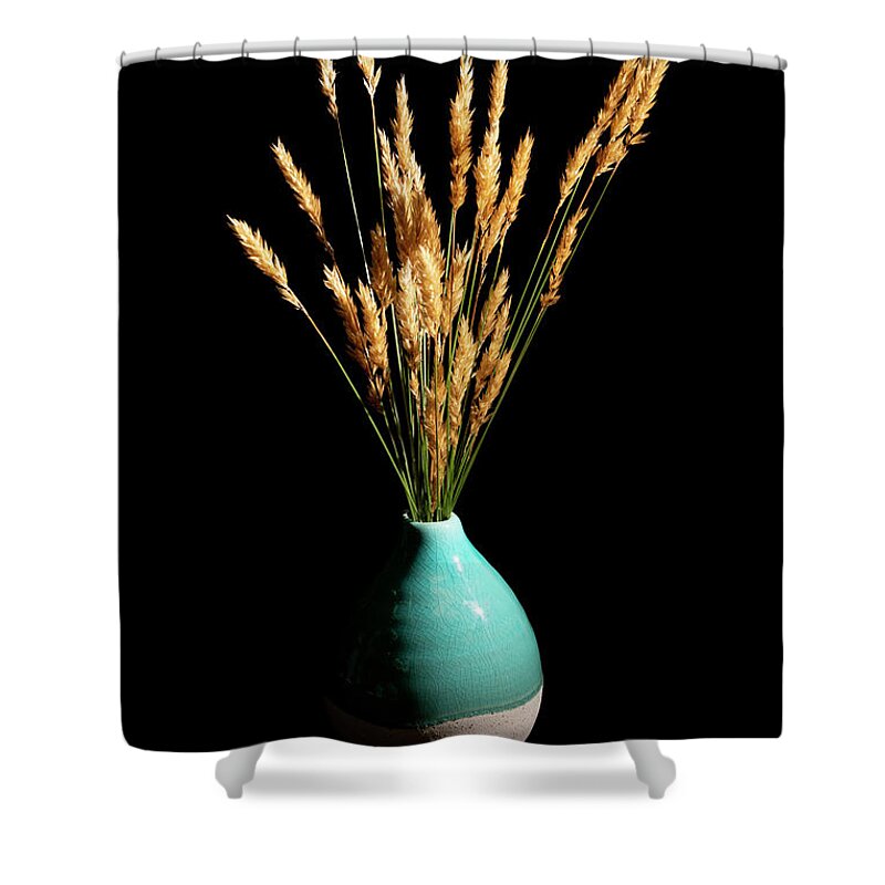 Grass Shower Curtain featuring the photograph Wild Grasses in Teal Ceramic Vase by Charles Floyd