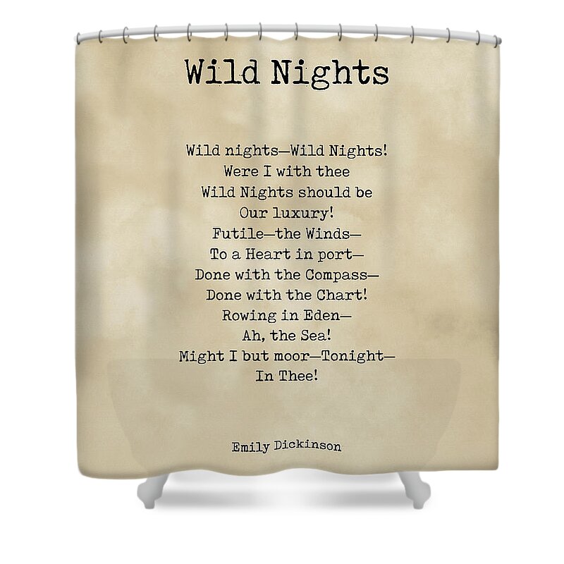 Wild Nights Shower Curtain featuring the digital art Wild Nights - Emily Dickinson Poem - Literature - Typewriter Print on Old Paper by Studio Grafiikka