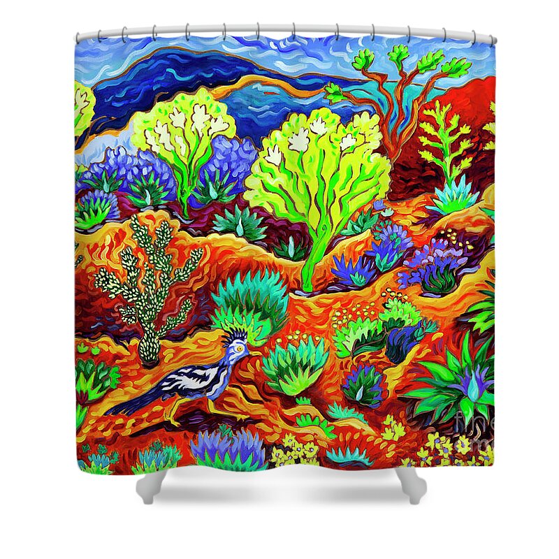 Roadrunner Shower Curtain featuring the painting Wilde Roadrunner by Cathy Carey