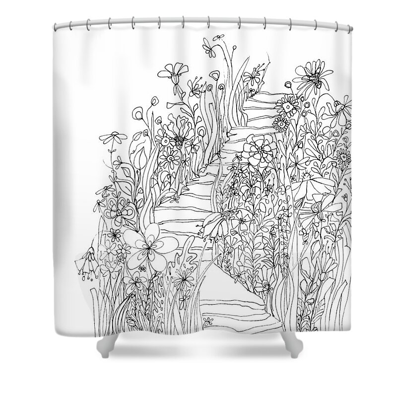 Wildflowers Stairs. Ink Drawing Art Shower Curtain featuring the drawing Wildflowers Stairs - Ink Drawing Art by Patricia Awapara