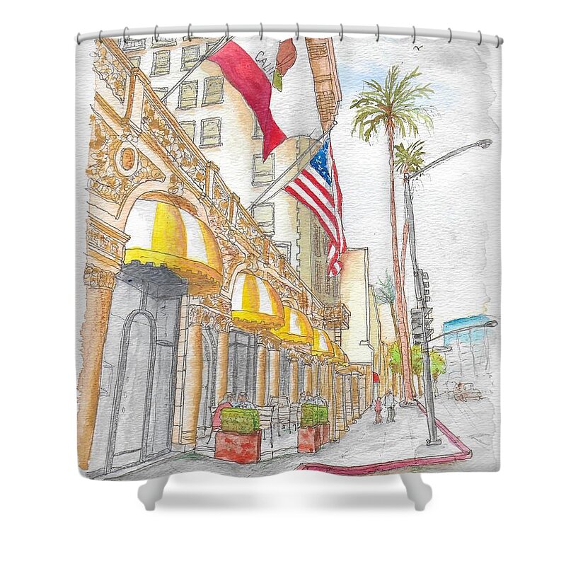 Wilshire Hotel Shower Curtain featuring the painting Wilshire Hotel in Beverly Hills, California by Carlos G Groppa