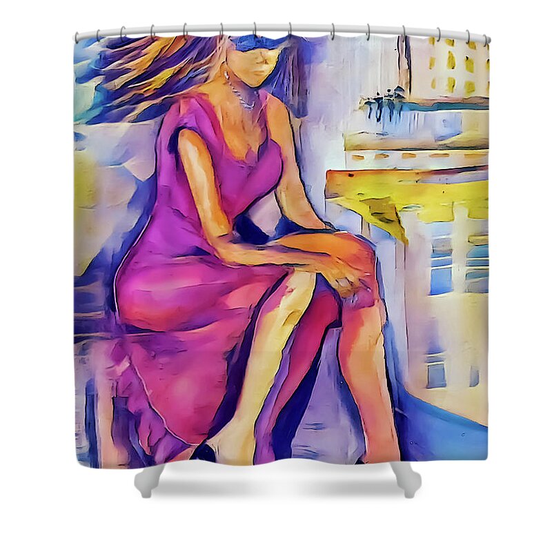 Wind Shower Curtain featuring the painting Wind Bloweth On A Summer Night On Top of The Cityscape by Lisa Kaiser