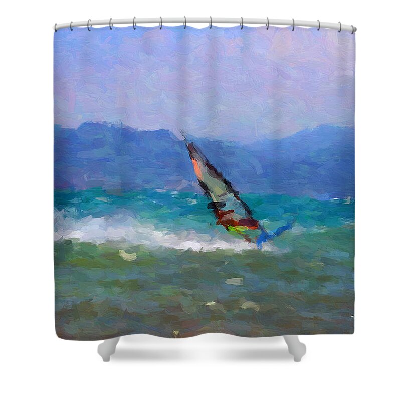 Surfing Shower Curtain featuring the painting Wind Rider by Trask Ferrero