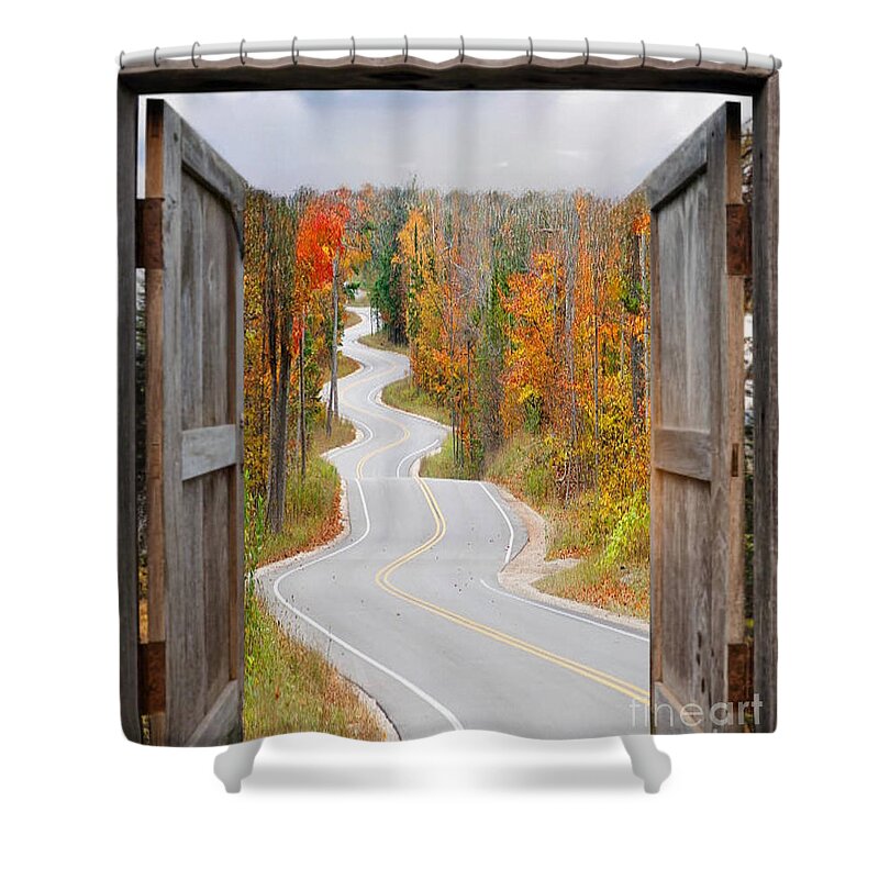 Winding Road Door County Doors Landscape Fall Shower Curtain featuring the photograph Winding Road Door County by Kathy Bee