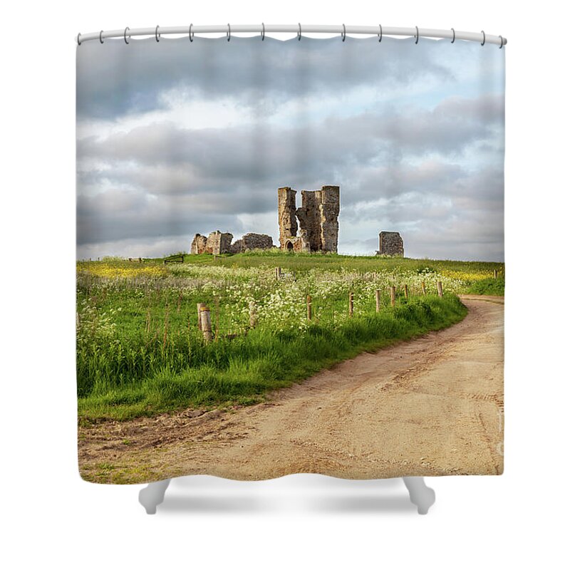 British Shower Curtain featuring the photograph Winding road leading to a chirch ruin in Norfolk by Simon Bratt