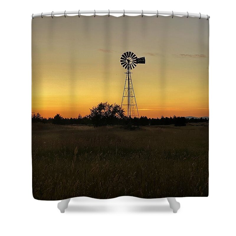 Sunset Shower Curtain featuring the photograph Windmill Golden Hour Silhouette by Jerry Abbott