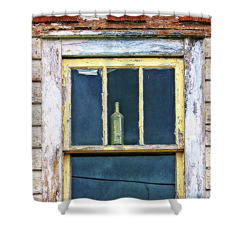 Green Bottle Shower Curtain featuring the photograph Window with a bottle Newfoundland by Tatiana Travelways