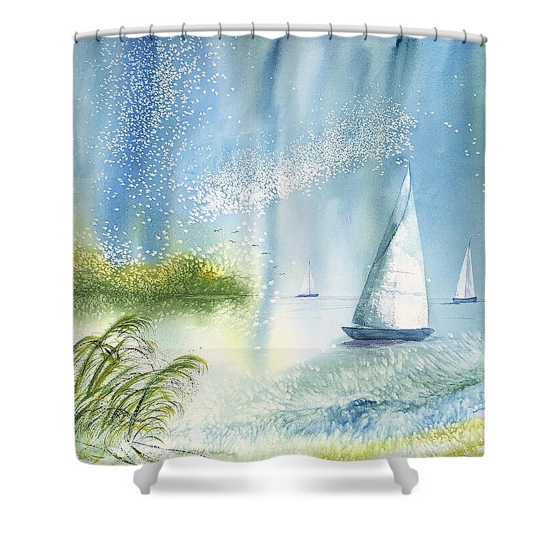 Seascape Shower Curtain featuring the painting Seascape -- Winds Up, Let's Sail by Catherine Ludwig Donleycott