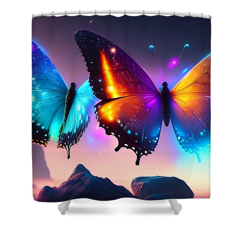 Galaxy Butterflies Shower Curtain featuring the digital art Wings of Stardust - Stunning Galaxy Butterflies - A Captivating Display of Luminosity by Artvizual Premium