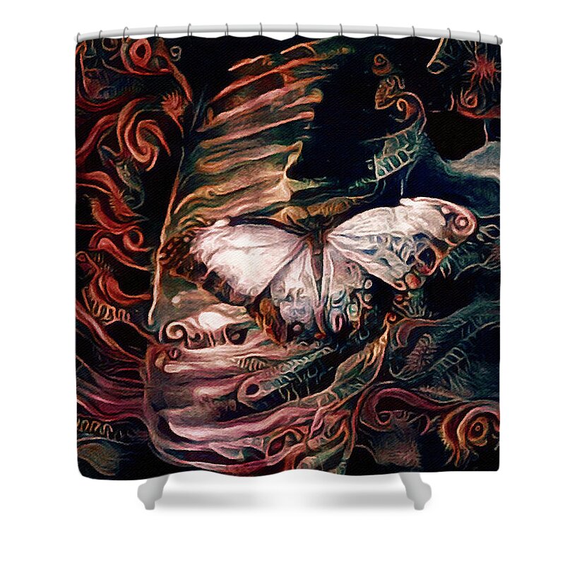 White Butterfly At Night Shower Curtain featuring the digital art Wings of the Night by Susan Maxwell Schmidt