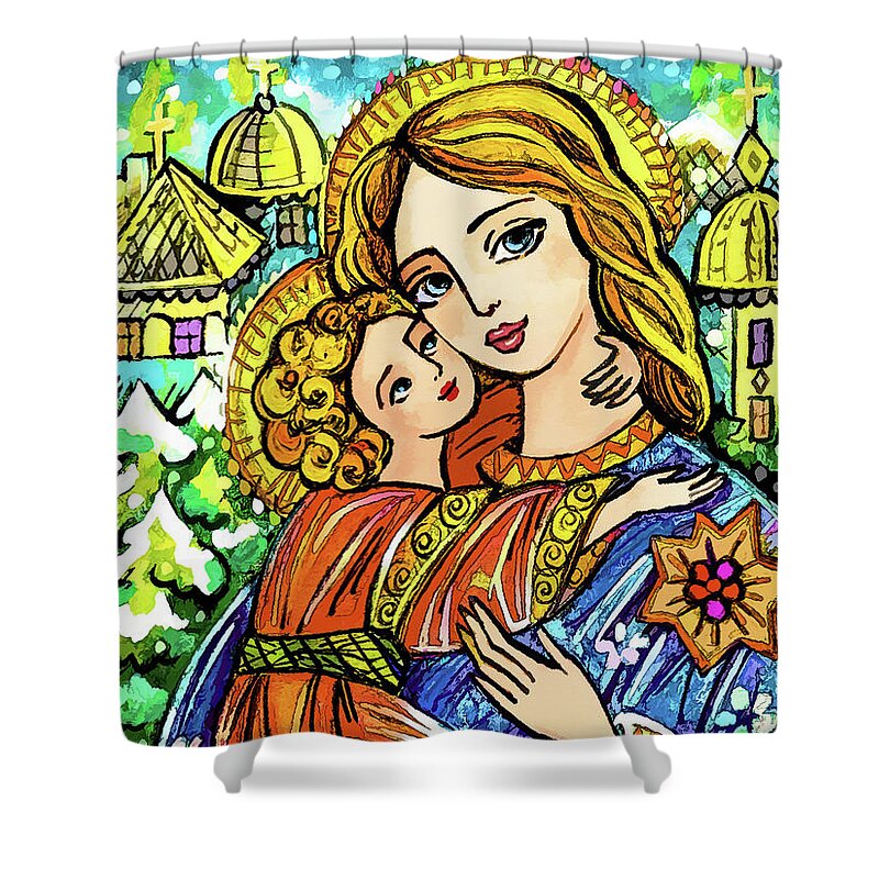 Mother And Child Shower Curtain featuring the painting Winter Church by Eva Campbell