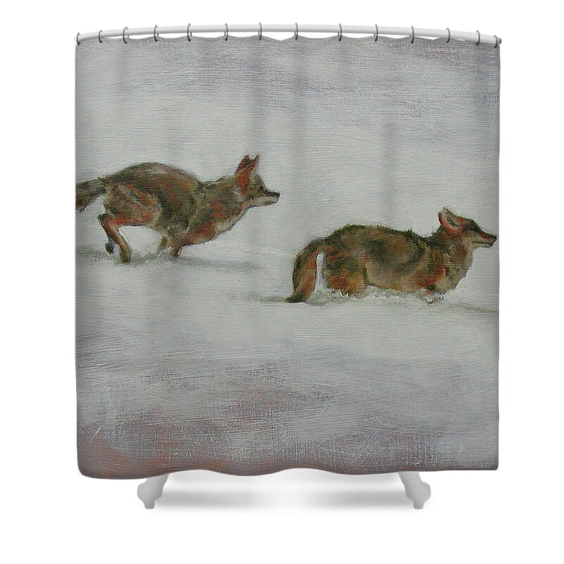 Oil Painting Shower Curtain featuring the painting Winter coyotes by Todd Cooper