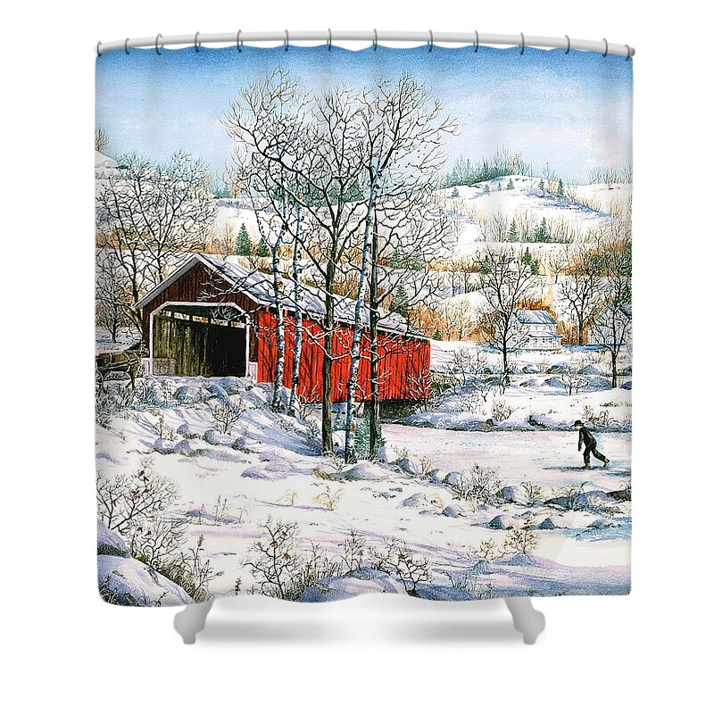 Covered Bridge Shower Curtain featuring the painting Winter Crossing by Diane Phalen