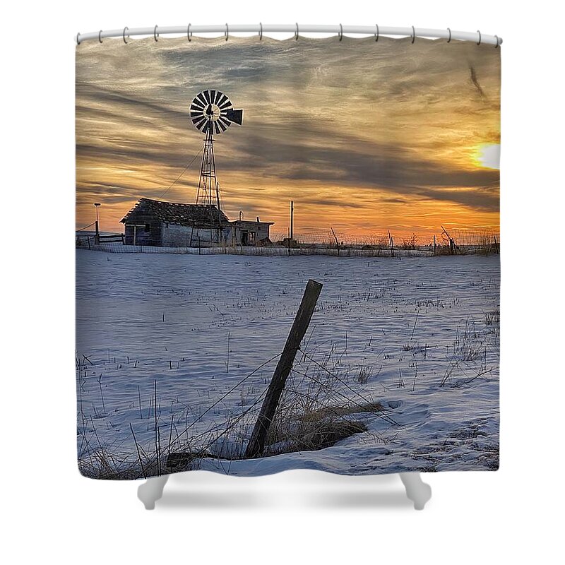 Abandoned Farm Buildings Shower Curtain featuring the photograph Winter Desolation at Sunset by Jerry Abbott