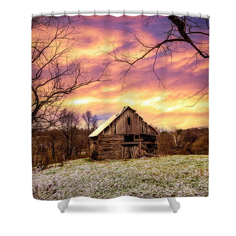 Andrews Shower Curtain featuring the photograph Winter Golds over the Barn by Debra and Dave Vanderlaan