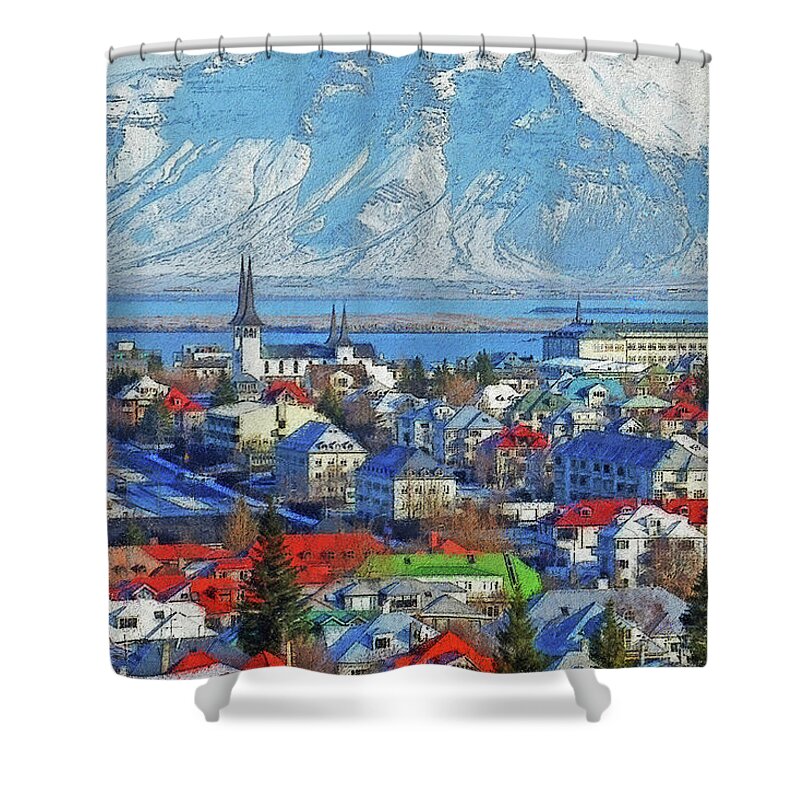 Iceland Shower Curtain featuring the digital art Winter in Reykjavik, Iceland by Frans Blok
