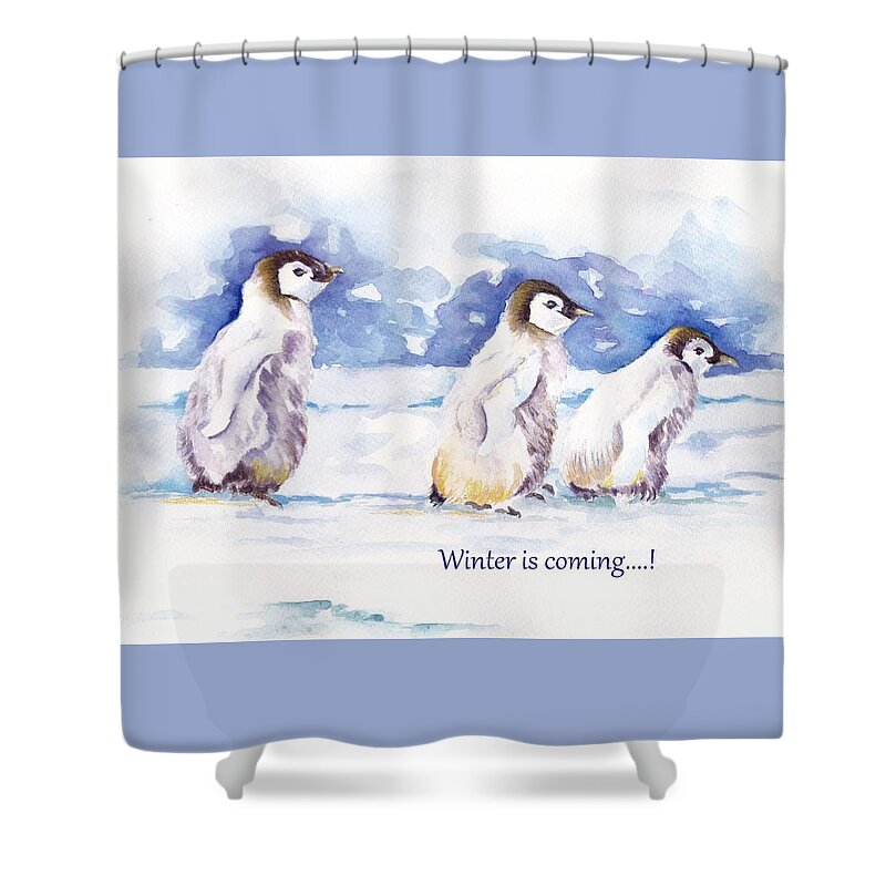Penguins Shower Curtain featuring the painting Winter IS COMING - penguins by Debra Hall