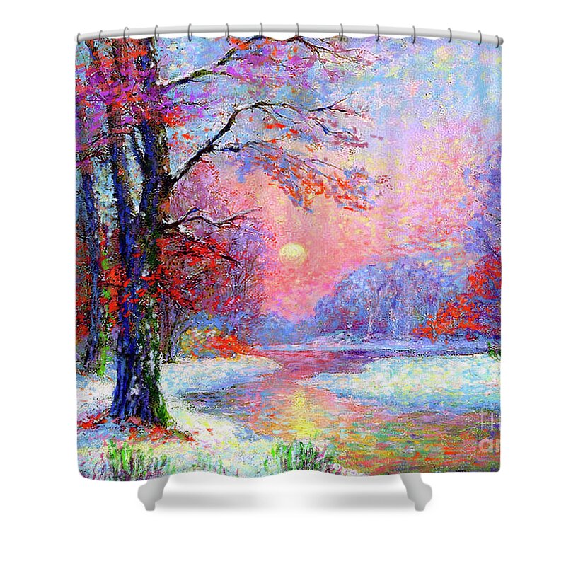 Tree Shower Curtain featuring the painting Winter Nightfall, Snow Scene by Jane Small