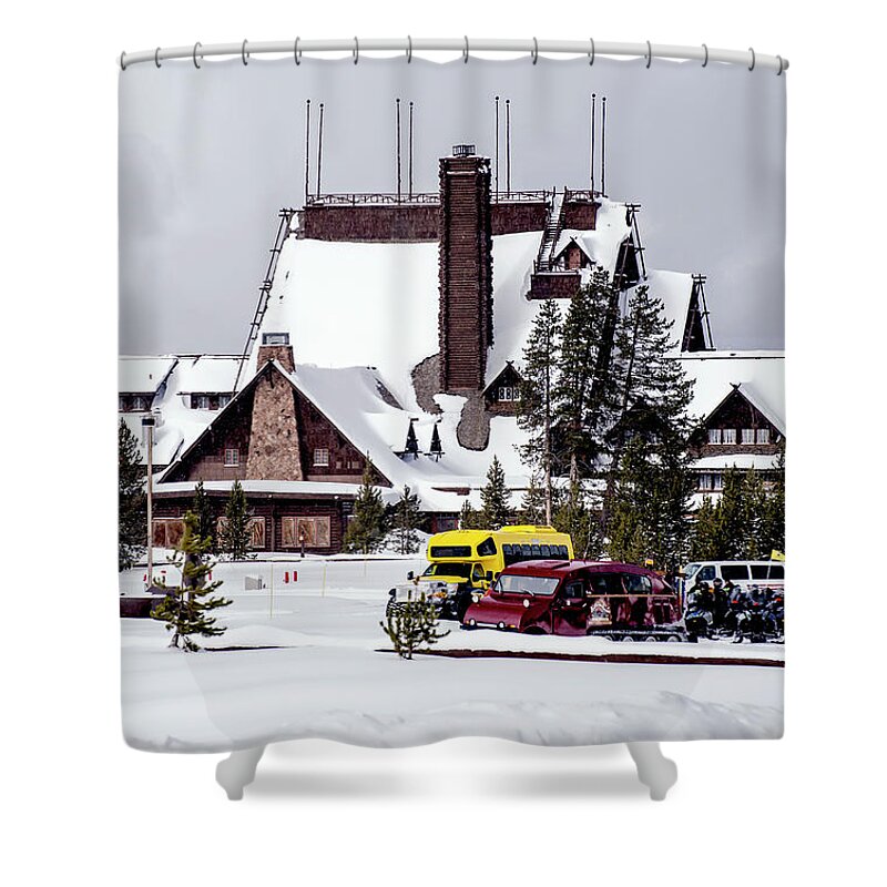 Fine Art Shower Curtain featuring the photograph Winter, Old Faithful Inn, Yellowstone National Park by Greg Sigrist