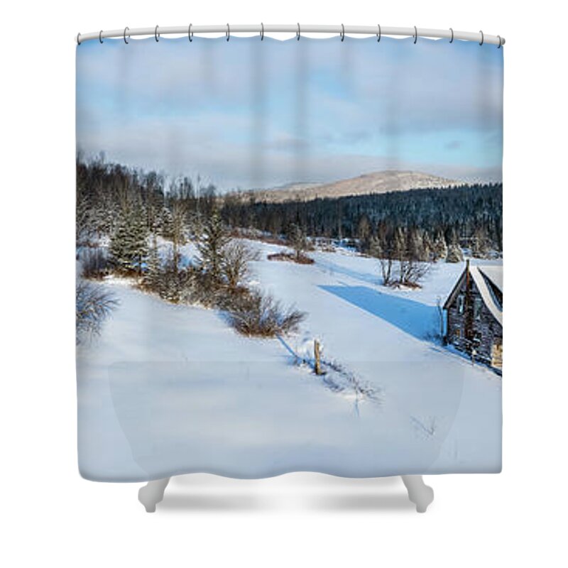 America Shower Curtain featuring the photograph Winter Panoram of Old House In Pittsburg, New Hampshire by John Rowe