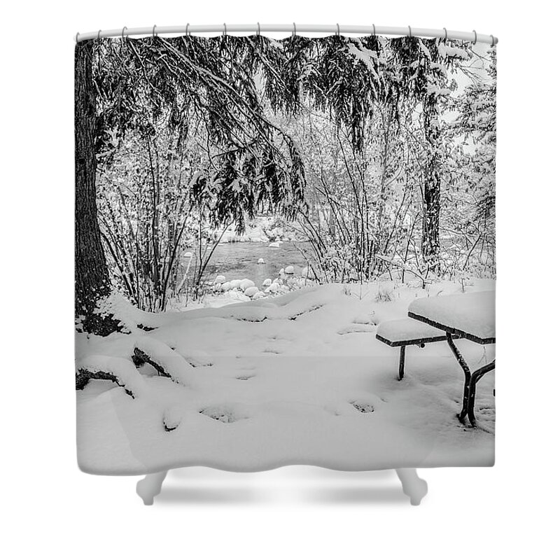 Bench Shower Curtain featuring the photograph Picnic Table in Snow by Tom Potter