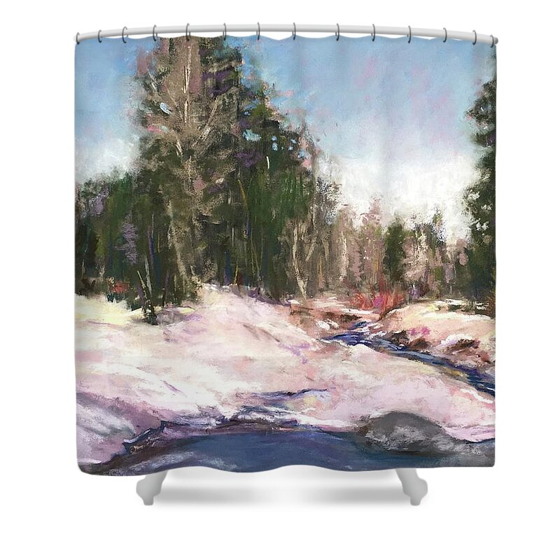 Snowy Scene Shower Curtain featuring the pastel Winter Reverie by Sandra Lee Scott