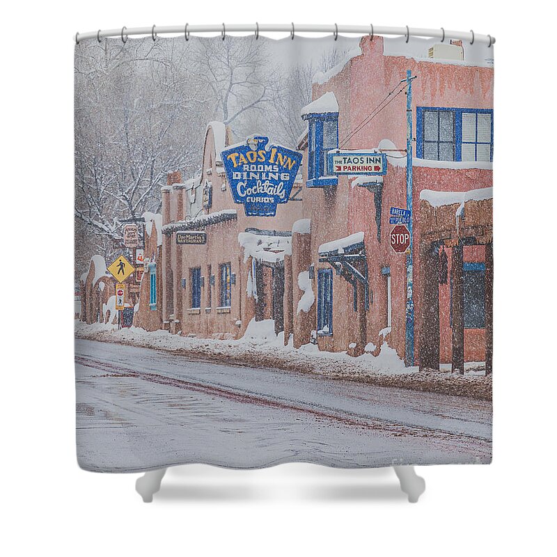 Taos Shower Curtain featuring the photograph Winter Scene Downtown Taos by Elijah Rael