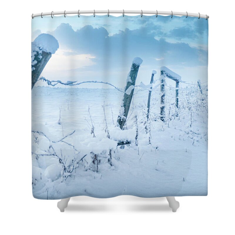 Snow Shower Curtain featuring the photograph Winter Sky And Snowy Fence by Karen Rispin