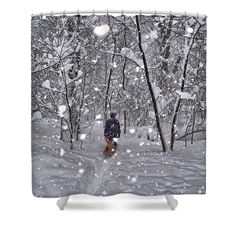 Dog Shower Curtain featuring the photograph Winter Snow In Woods by Russel Considine