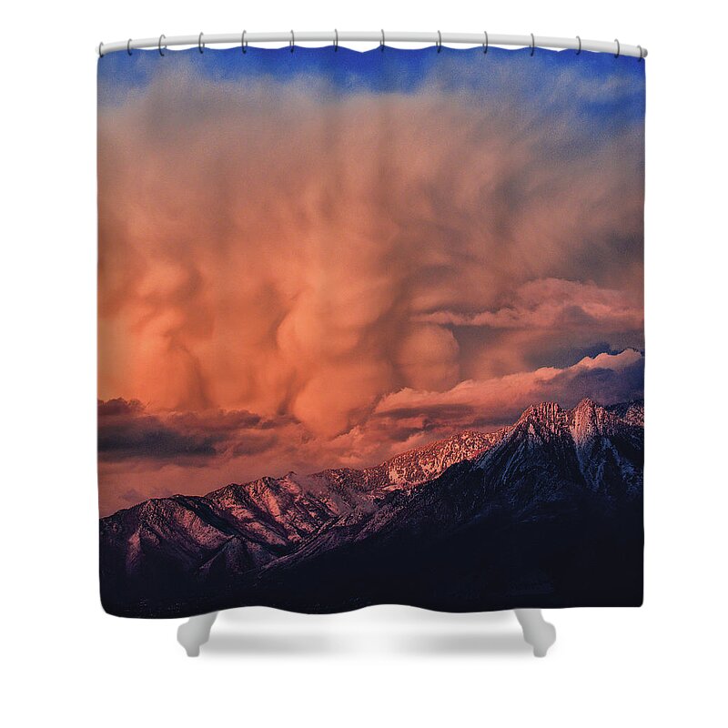 Mammatus Shower Curtain featuring the photograph Winter Storm over Mount Olympus - Vertical by Abbie Matthews