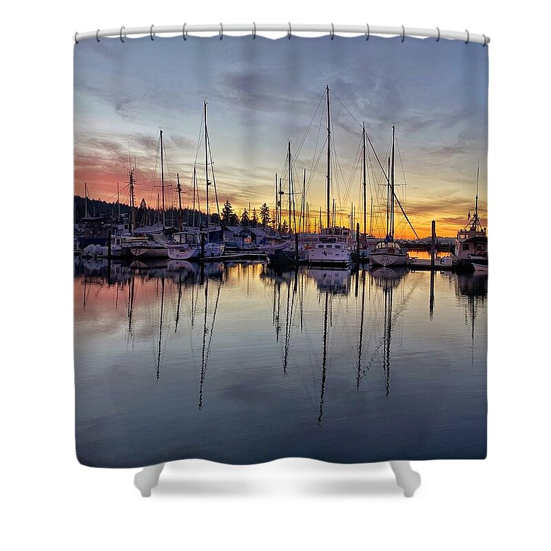 Golden Hour Shower Curtain featuring the photograph Winter Sunrise at the Poulsbo Marina 2022 by Jerry Abbott