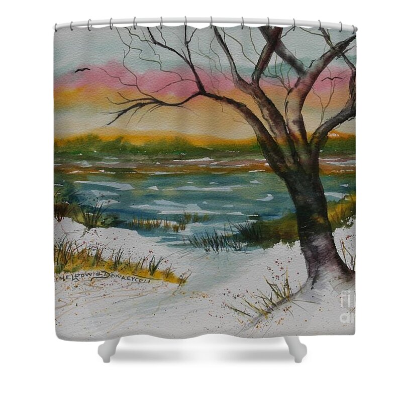 Landscape Shower Curtain featuring the painting Sunset over Jekyll Island by Catherine Ludwig Donleycott