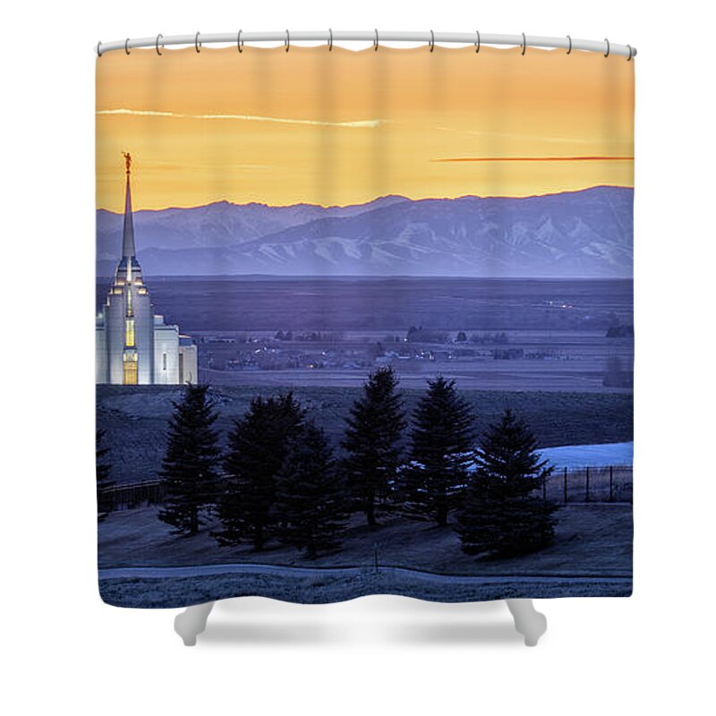 Panorama Shower Curtain featuring the photograph Winter Sunset - Rexburg Idaho Temple by Bret Barton
