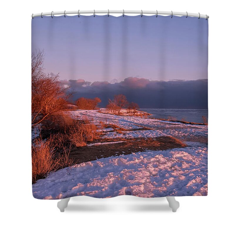 Sam Smith Park Shower Curtain featuring the photograph Winter Sunset Walkway by a Lake by John Twynam