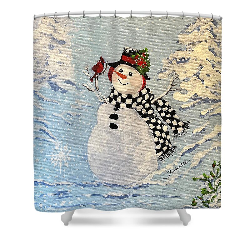 Snowman Shower Curtain featuring the painting Winter Wonderland by Juliette Becker