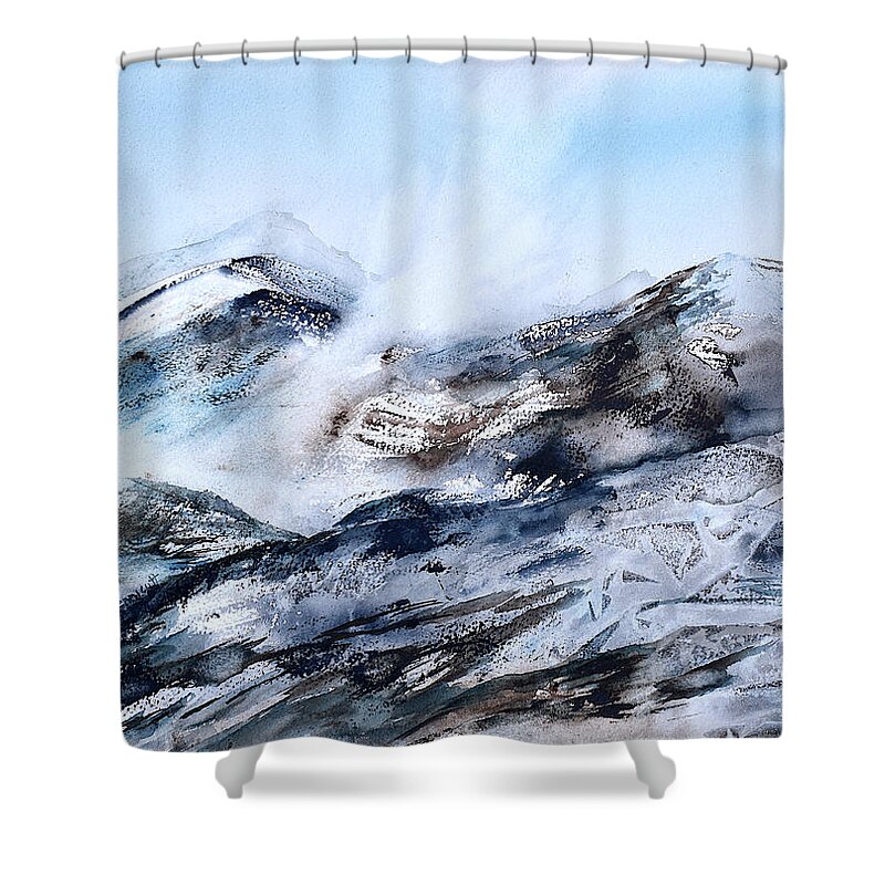 Mountains Shower Curtain featuring the painting Wintry Mountains #4 by Wendy Keeney-Kennicutt