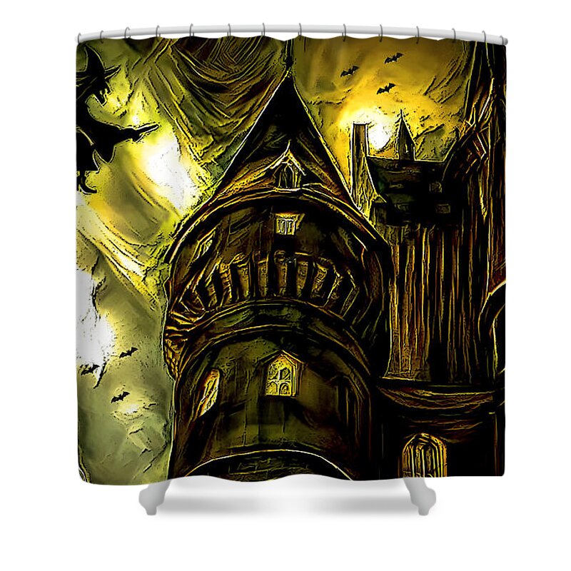 Digital Shower Curtain featuring the mixed media Witch's Castle by Debra Kewley
