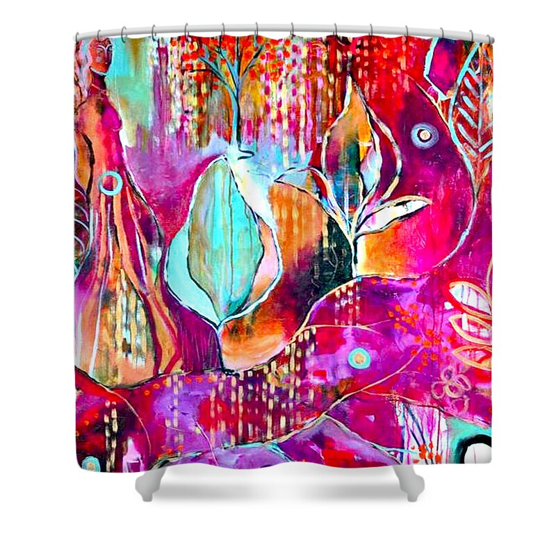 Pink Red Blue Bees Abstract Contemporary Flowers Plants Color Landscape Woman Female Artist Woman Bright Shower Curtain featuring the painting Witchy Woman Pink and TEAL Power to rifle by Kasey Jones