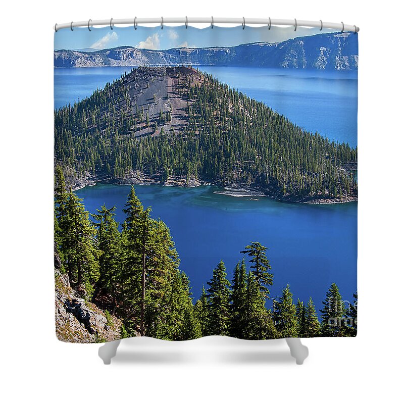 Lake Shower Curtain featuring the digital art Wizard Island In Crater Lake by Kirt Tisdale