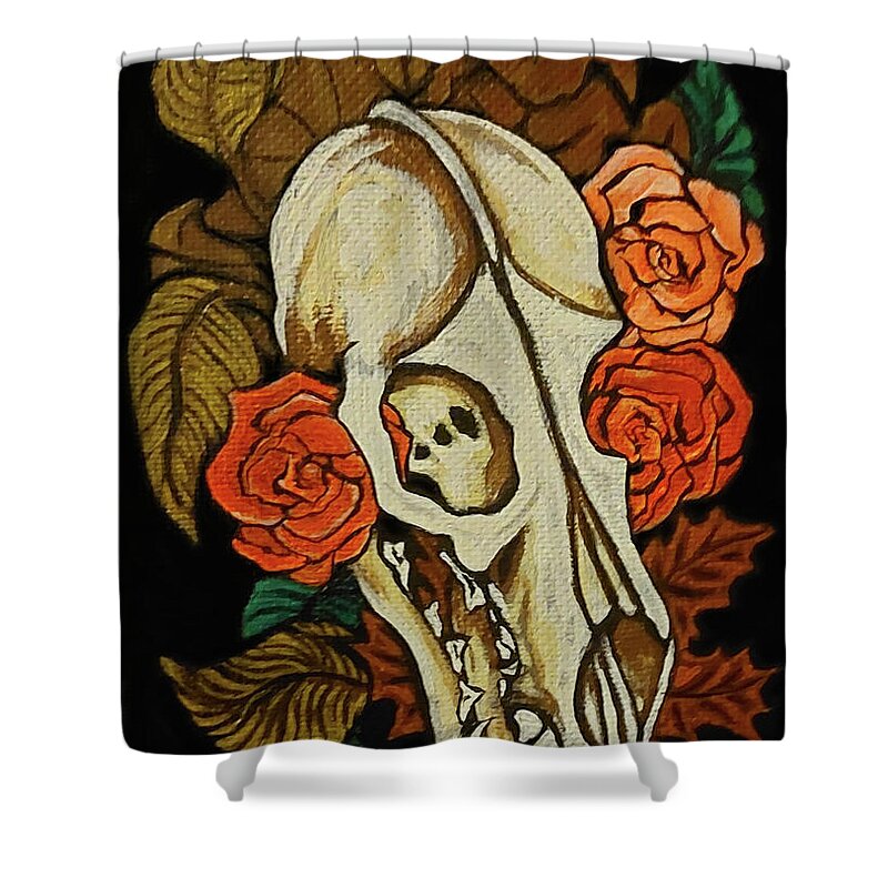 Skull Shower Curtain featuring the painting Wolf and Roses by Megan Thompson- The Morrigan Art