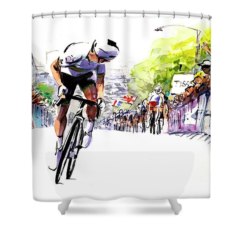 Le Tour De France Shower Curtain featuring the painting Wolf Attack Stage 1 TDF2021 by Shirley Peters
